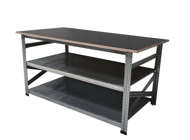 Werktafel type123 H907xD600xL1100 met betonplex werkblad 21 mm plus 2 legborden.