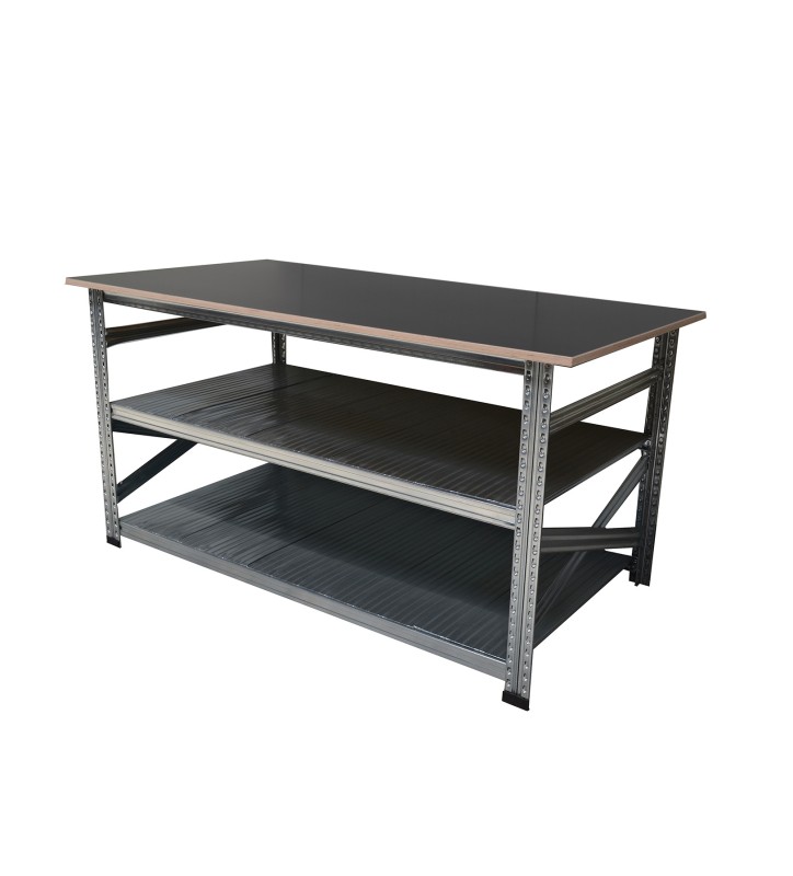 Werktafel type123 H907xD600xL1100 met betonplex werkblad 21 mm plus 2 legborden.